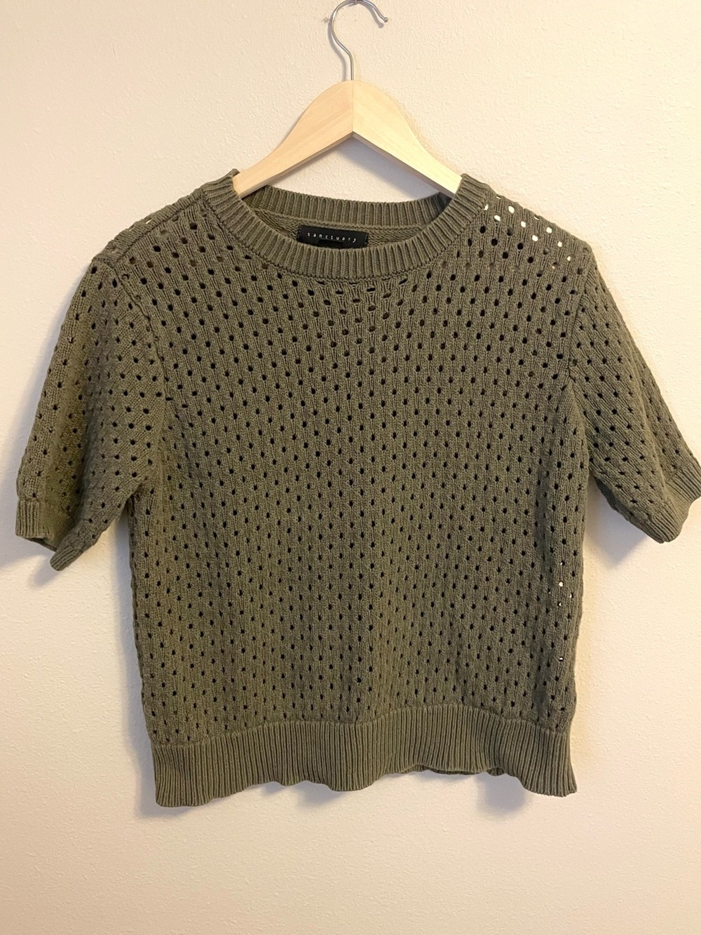 Sanctuary - Olive Open Knit Boho Sweater - Short Sleeve Lightweight Top - Size L